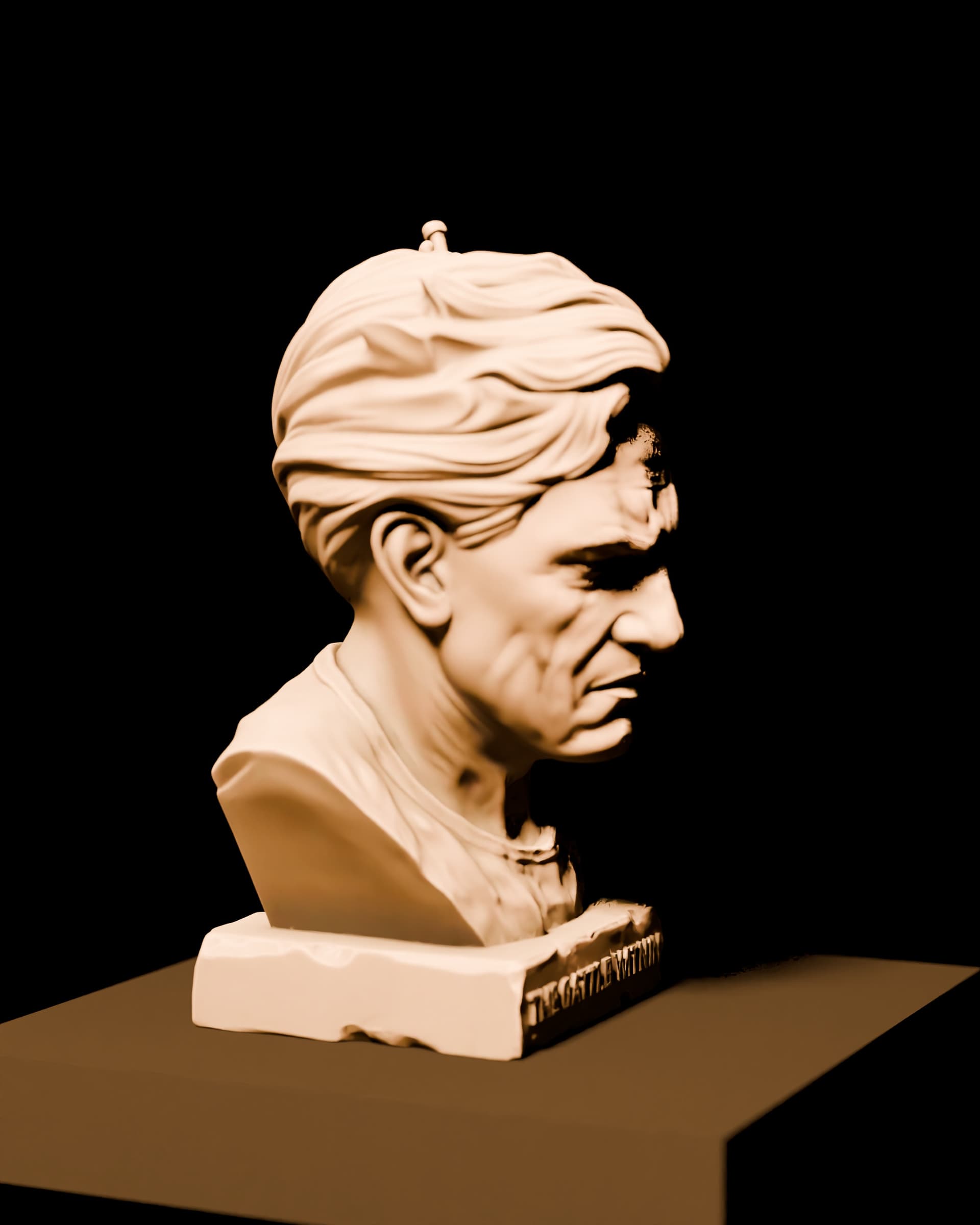 A bust in which one side of the face stays silent while the other already gives way to blades. Numbered edition of twelve, fabricated after order.