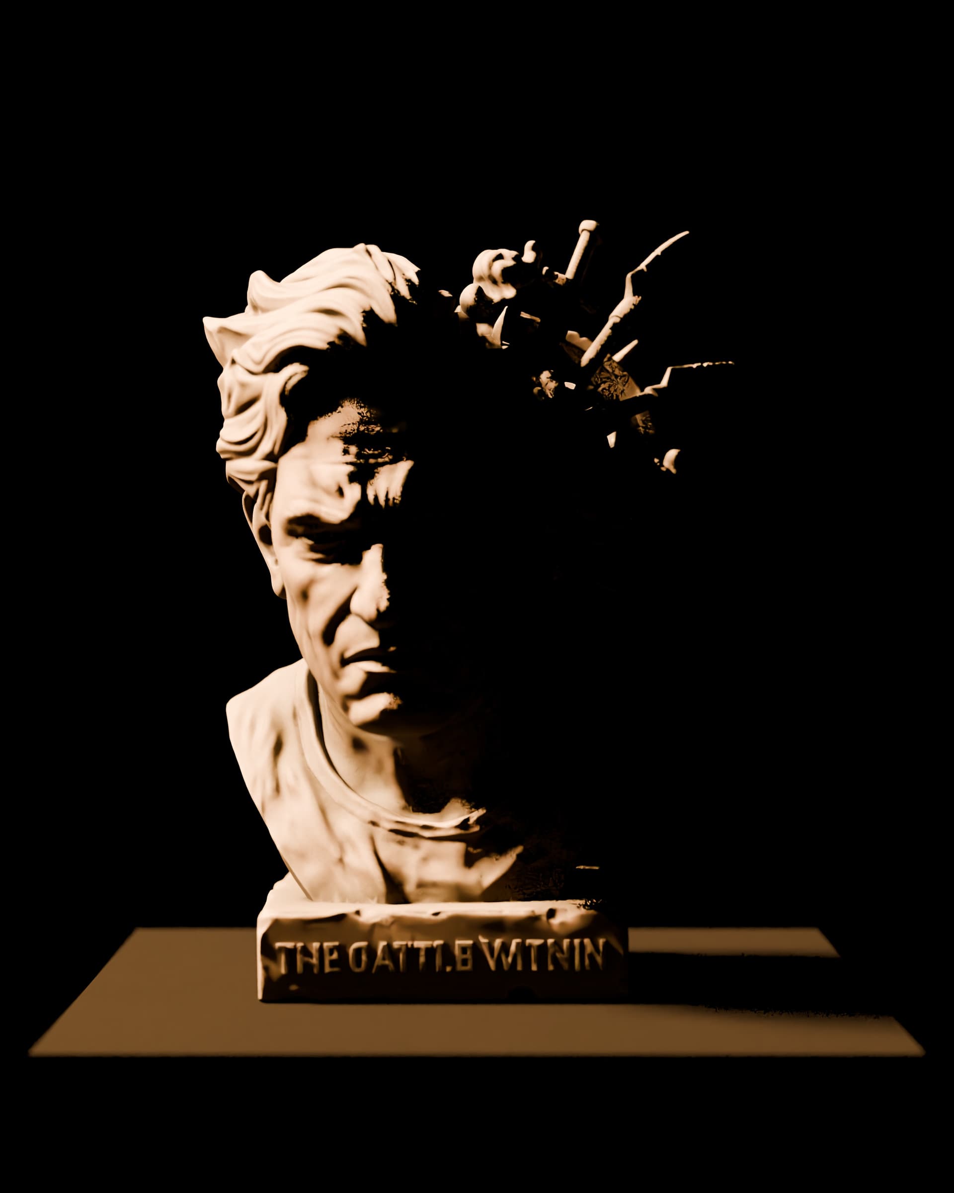 A bust in which one side of the face stays silent while the other already gives way to blades. Numbered edition of twelve, fabricated after order.